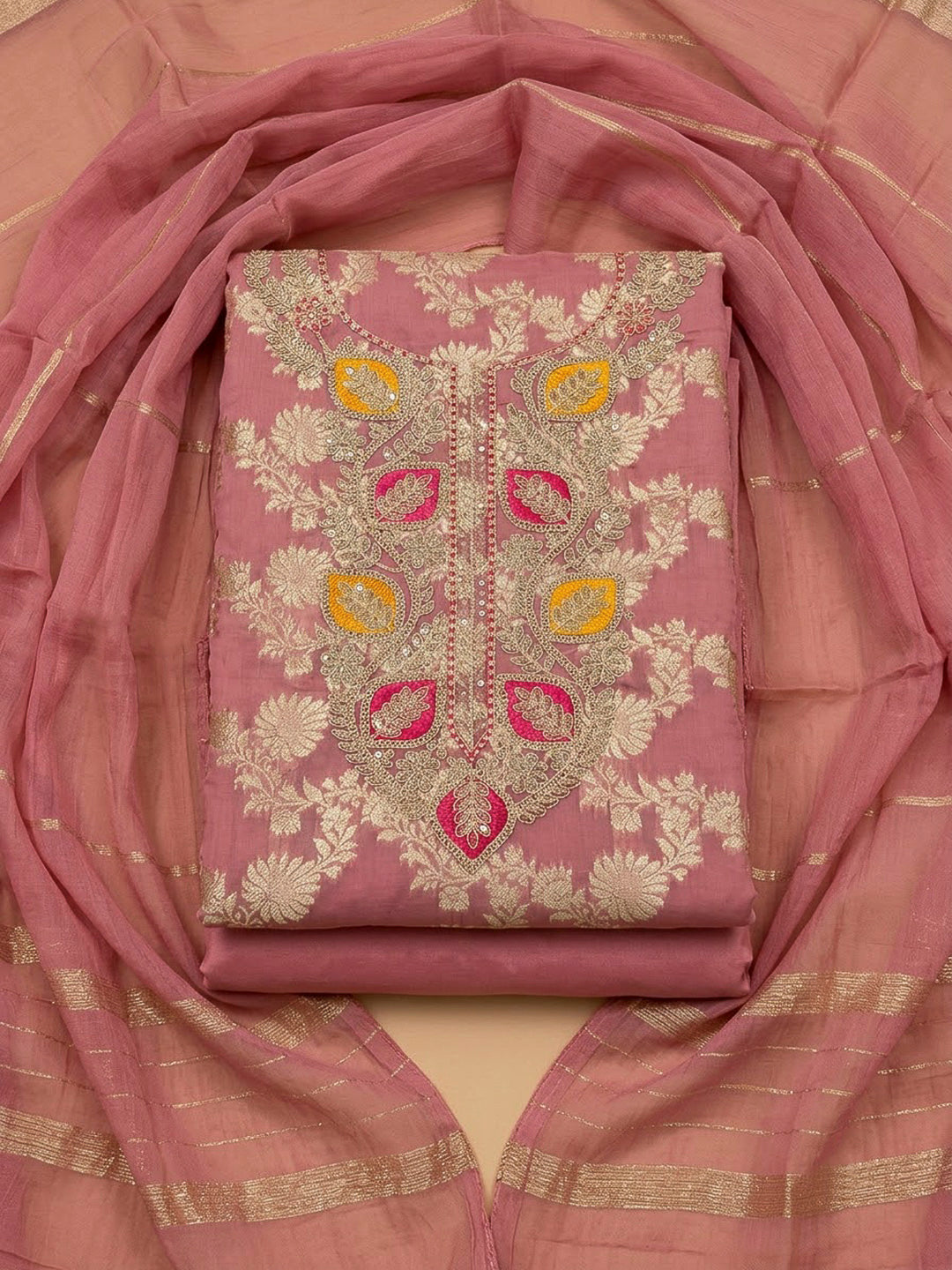 Pink Chanderi Embroidered Unstitched Dress Material