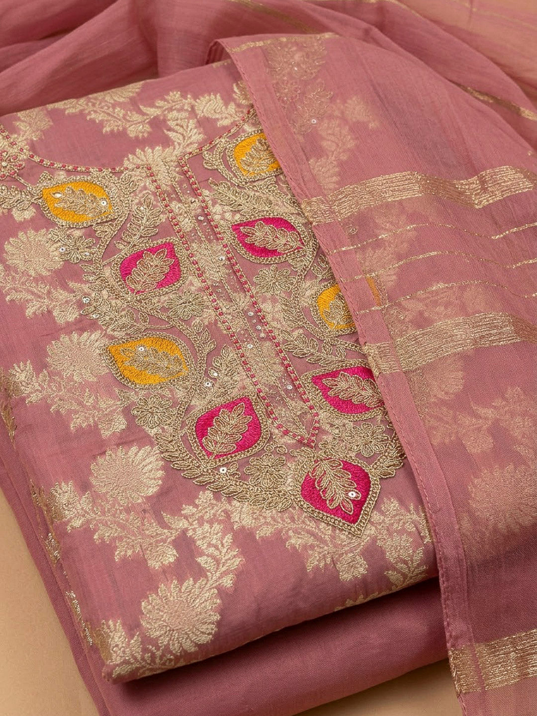 Pink Chanderi Embroidered Unstitched Dress Material