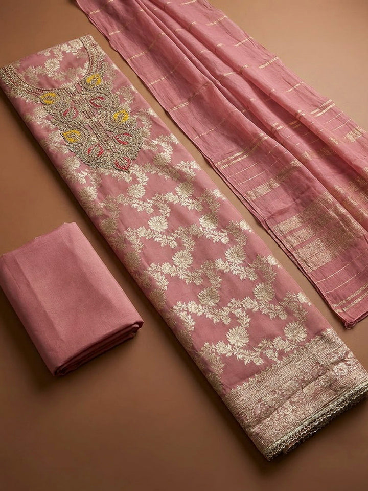 Pink Chanderi Embroidered Unstitched Dress Material