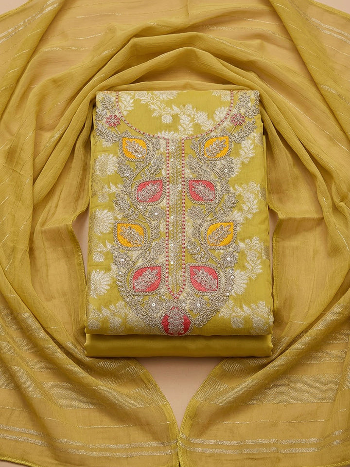 Yellow Chanderi Embroidered Unstitched Dress Material