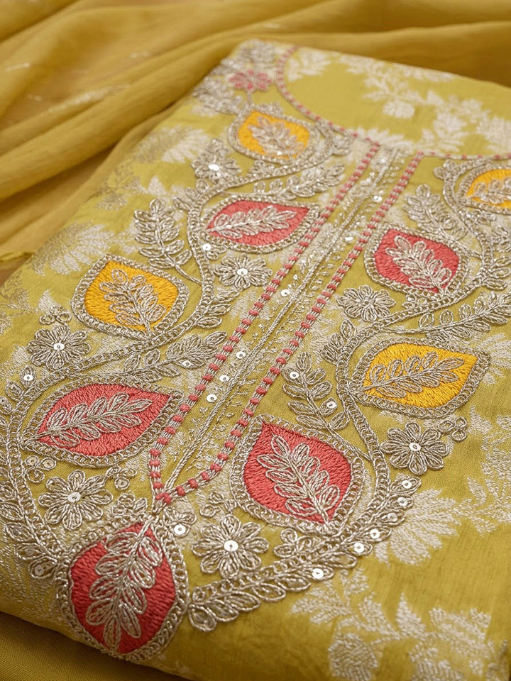 Yellow Chanderi Embroidered Unstitched Dress Material