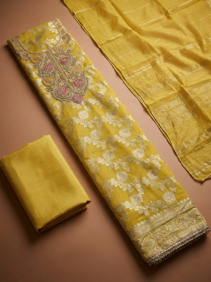 Yellow Chanderi Embroidered Unstitched Dress Material
