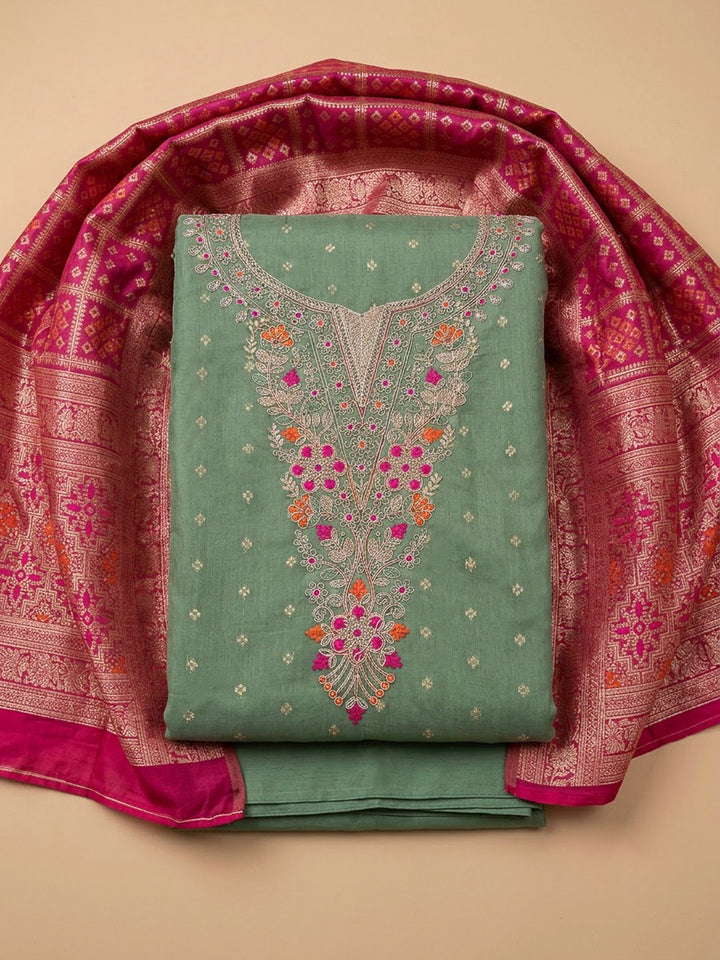 Aqua Green Chanderi Embroidered Unstitched Dress Material
