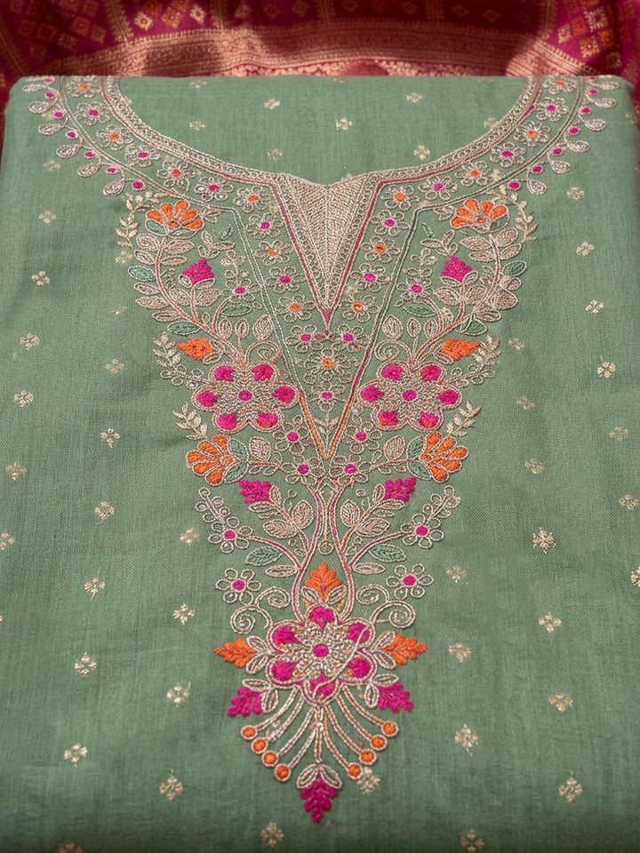 Aqua Green Chanderi Embroidered Unstitched Dress Material
