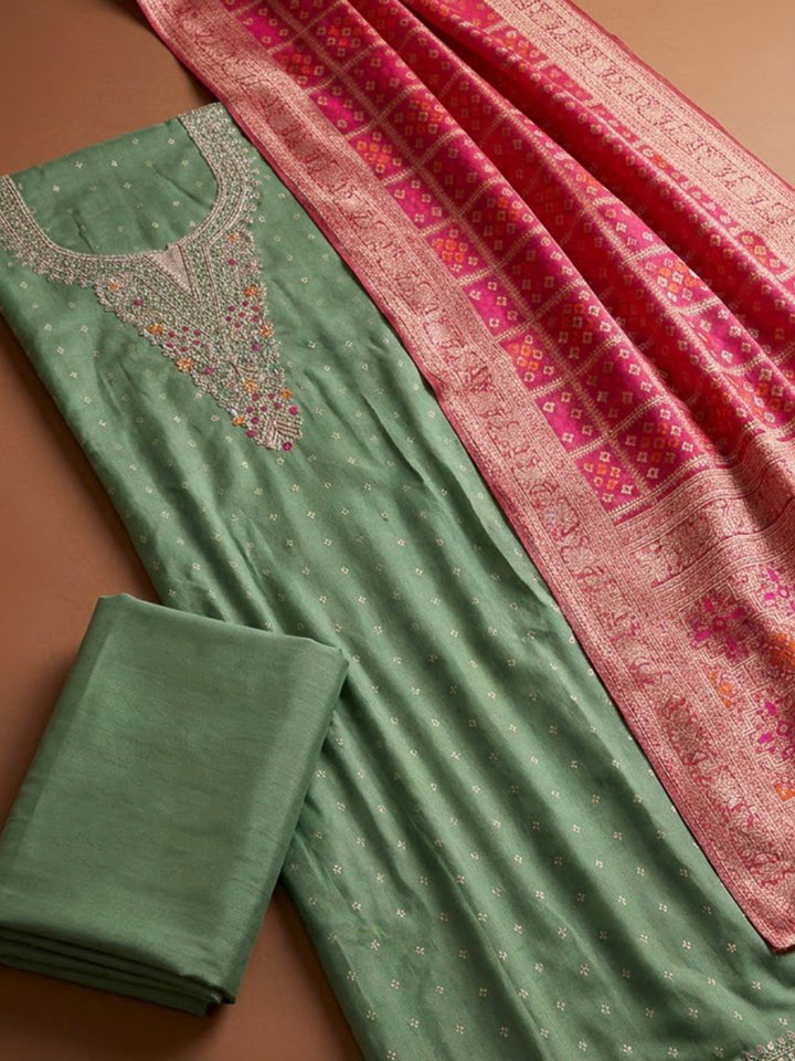 Aqua Green Chanderi Embroidered Unstitched Dress Material