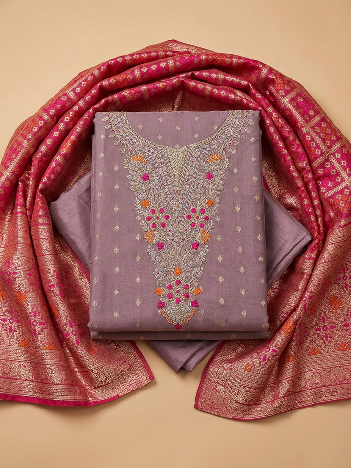 Lavender Chanderi Embroidered Unstitched Dress Material