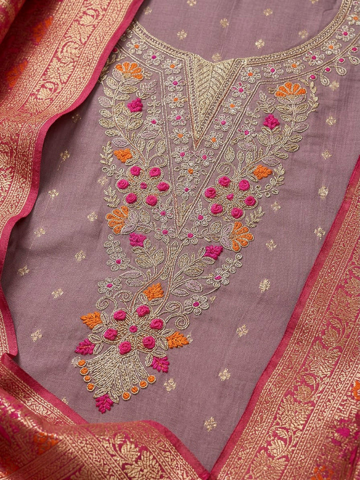 Lavender Chanderi Embroidered Unstitched Dress Material