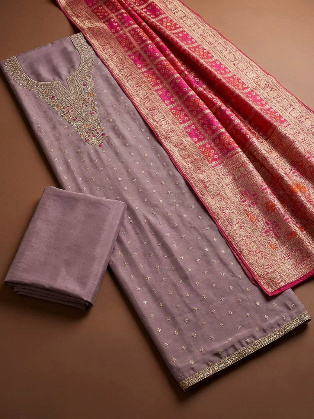 Lavender Chanderi Embroidered Unstitched Dress Material