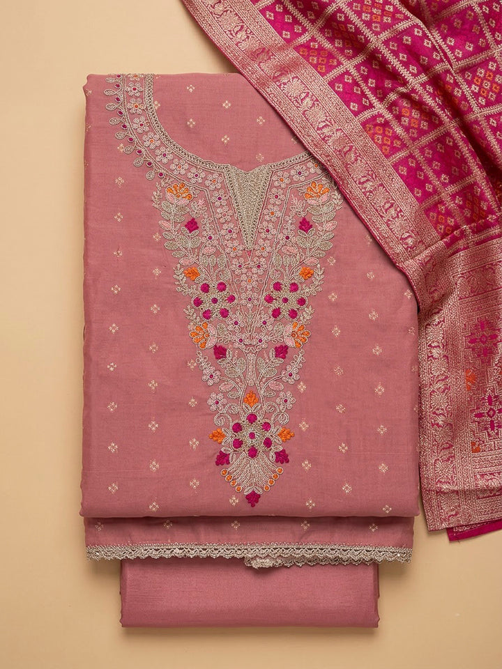 Peach Chanderi Embroidered Unstitched Dress Material
