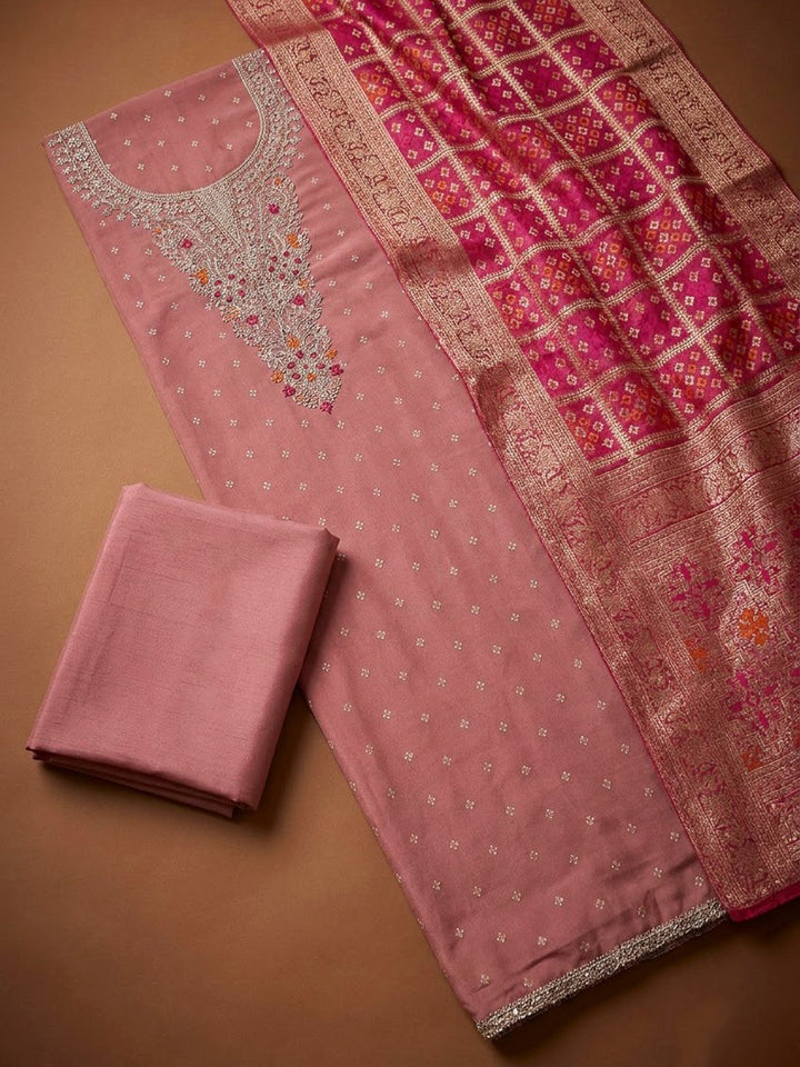 Peach Chanderi Embroidered Unstitched Dress Material