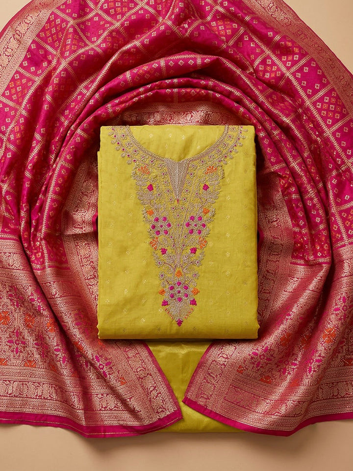 Yellow Chanderi Embroidered Unstitched Dress Material