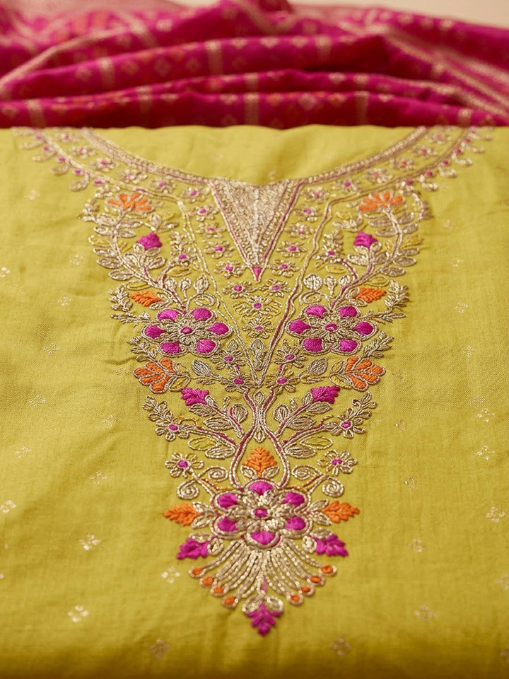 Yellow Chanderi Embroidered Unstitched Dress Material