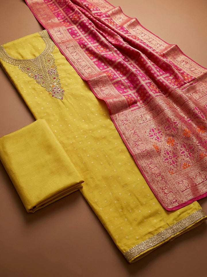 Yellow Chanderi Embroidered Unstitched Dress Material