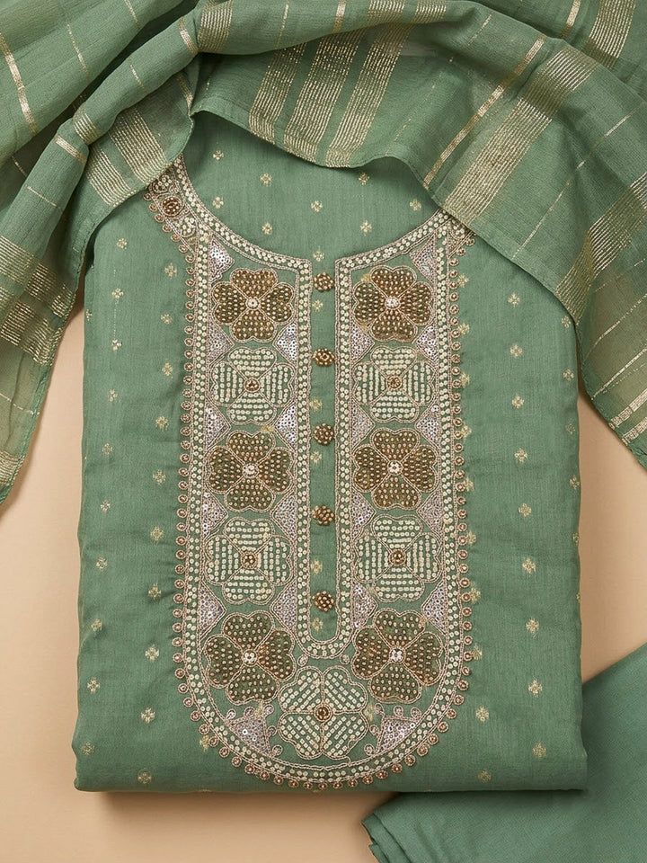 Aqua Green Chanderi Embroidered Unstitched Dress Material