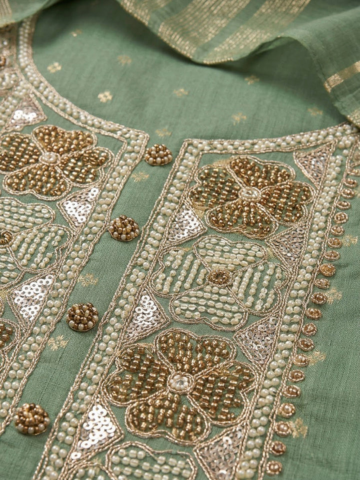 Aqua Green Chanderi Embroidered Unstitched Dress Material