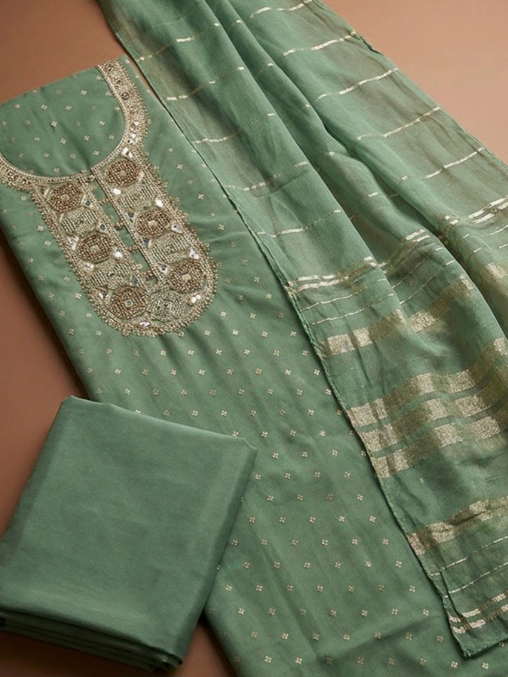 Aqua Green Chanderi Embroidered Unstitched Dress Material