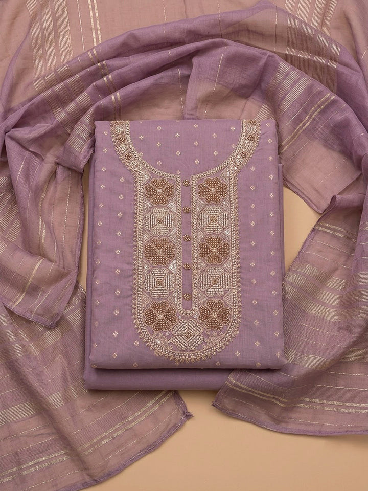 Lavender Chanderi Embroidered Unstitched Dress Material