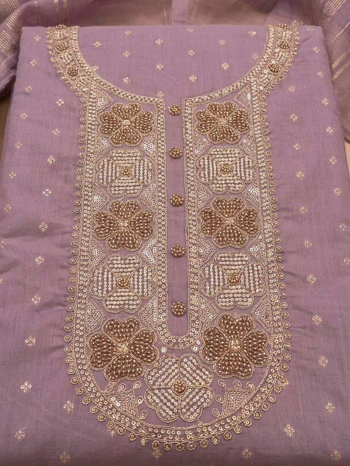 Lavender Chanderi Embroidered Unstitched Dress Material