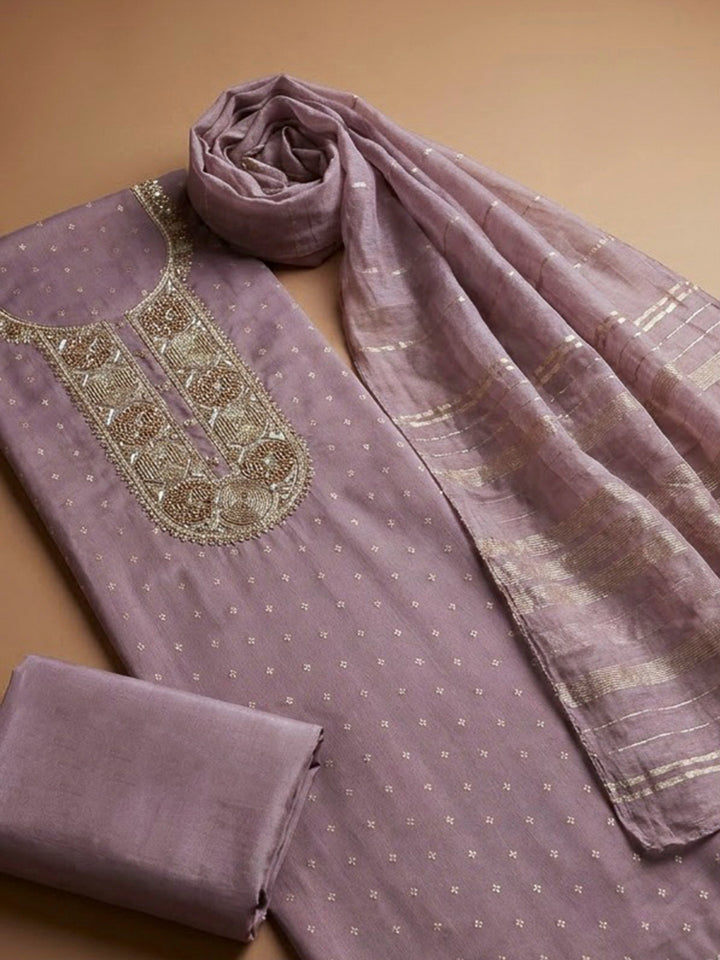Lavender Chanderi Embroidered Unstitched Dress Material