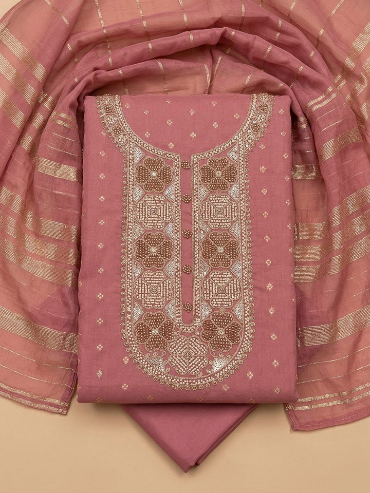 Peach Chanderi Embroidered Unstitched Dress Material