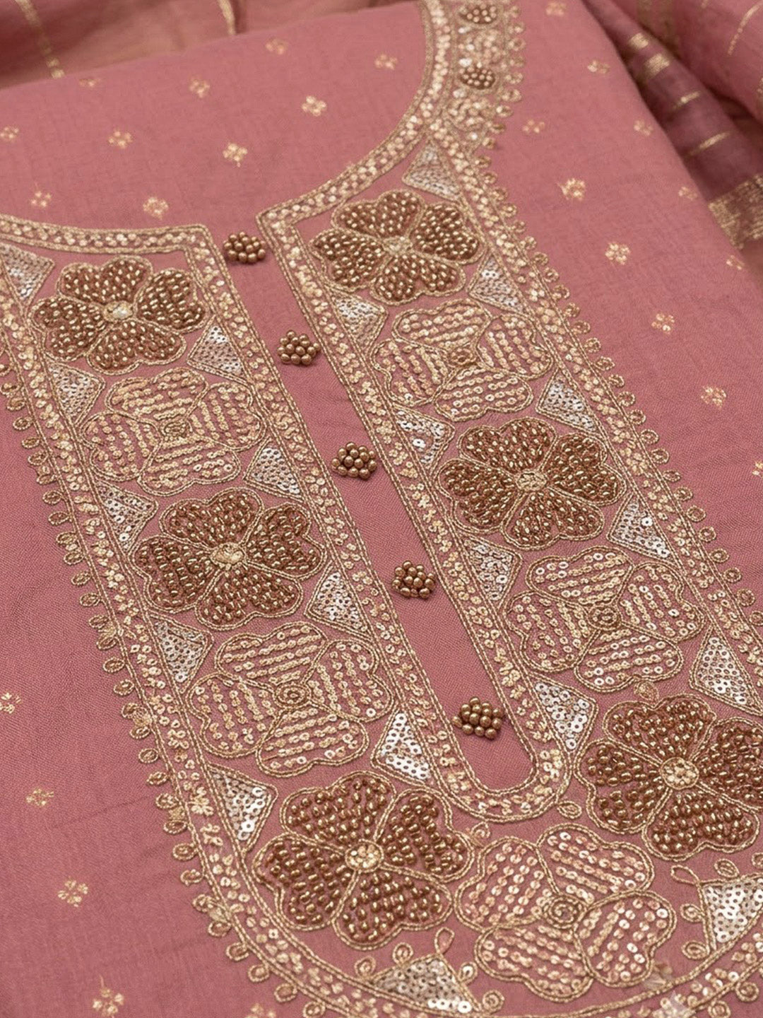 Peach Chanderi Embroidered Unstitched Dress Material
