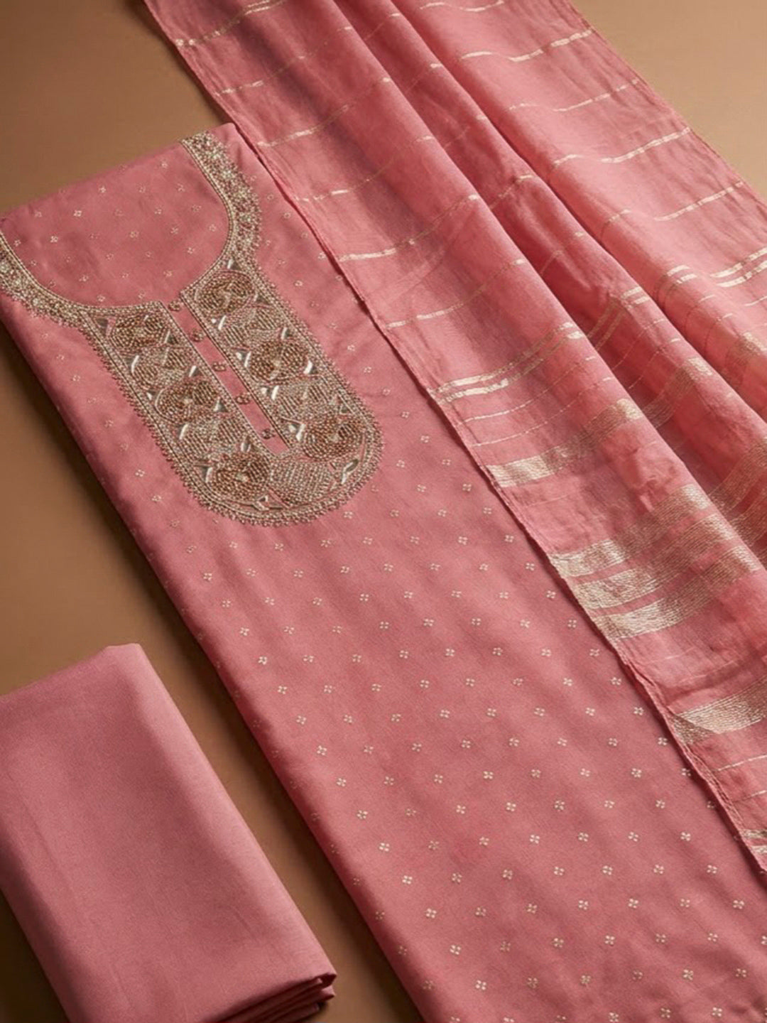 Peach Chanderi Embroidered Unstitched Dress Material