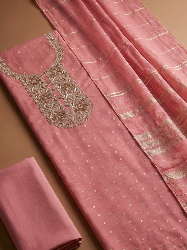 Peach Chanderi Embroidered Unstitched Dress Material