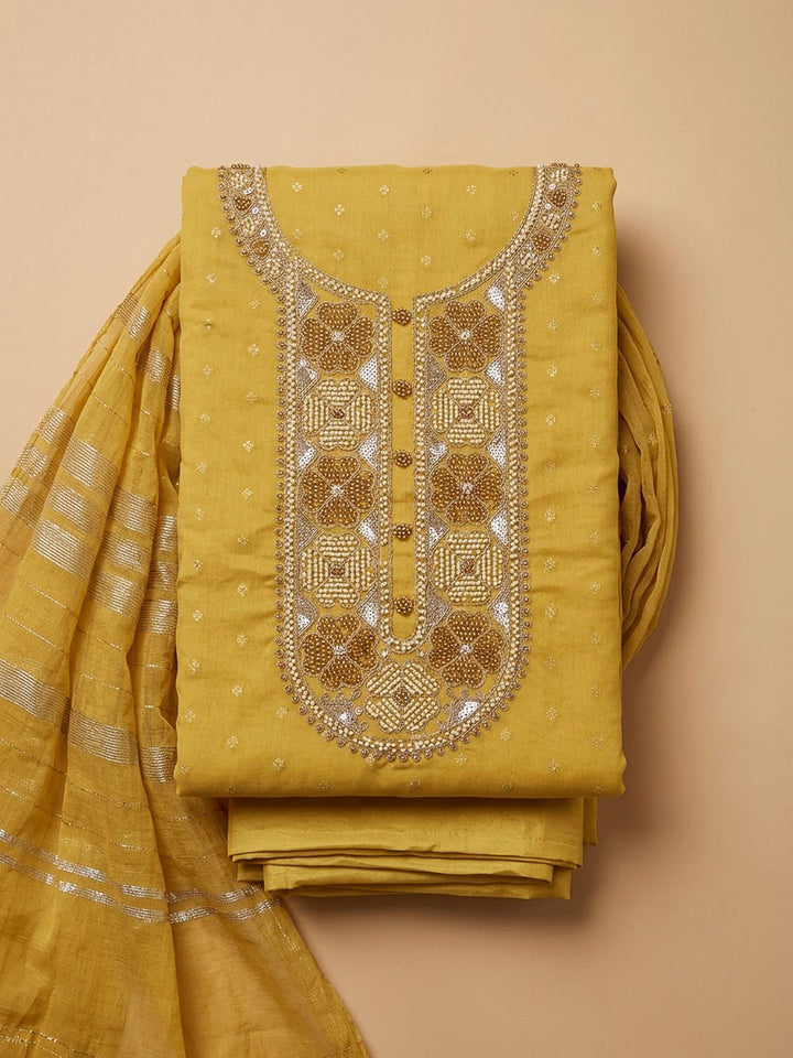 Yellow Chanderi Embroidered Unstitched Dress Material