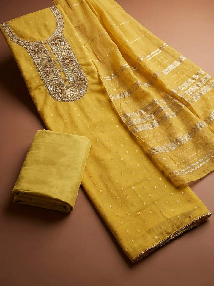 Yellow Chanderi Embroidered Unstitched Dress Material