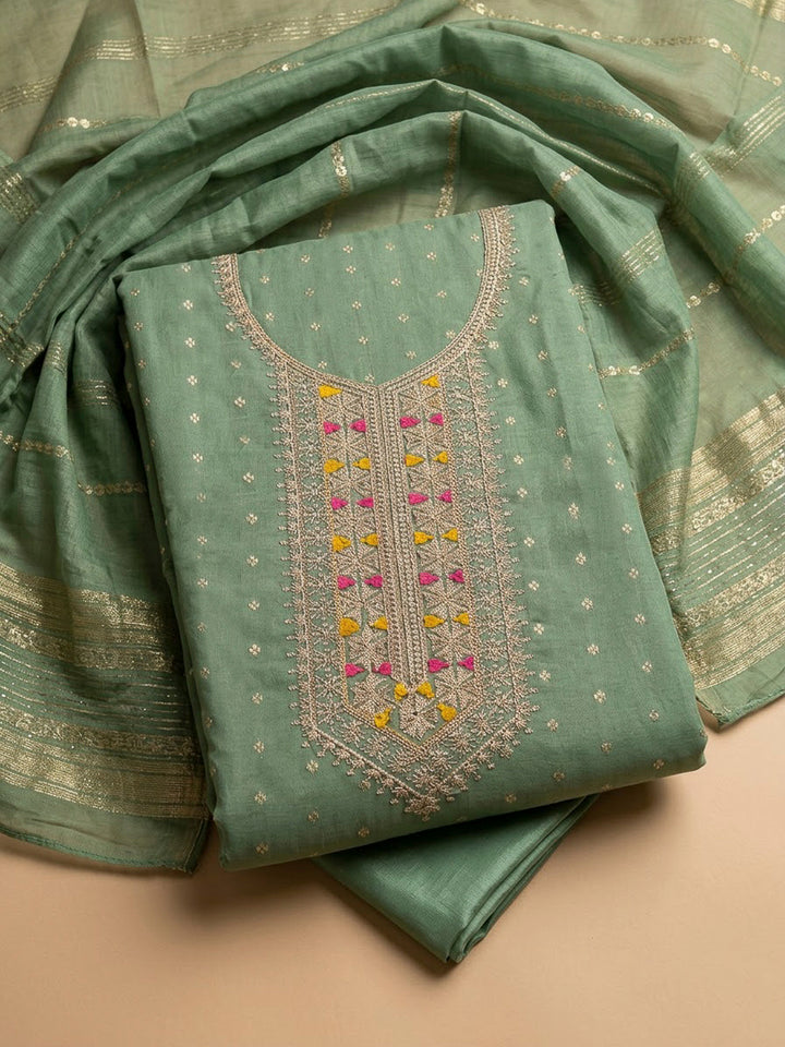 Aqua Green Chanderi Embroidered Unstitched Dress Material
