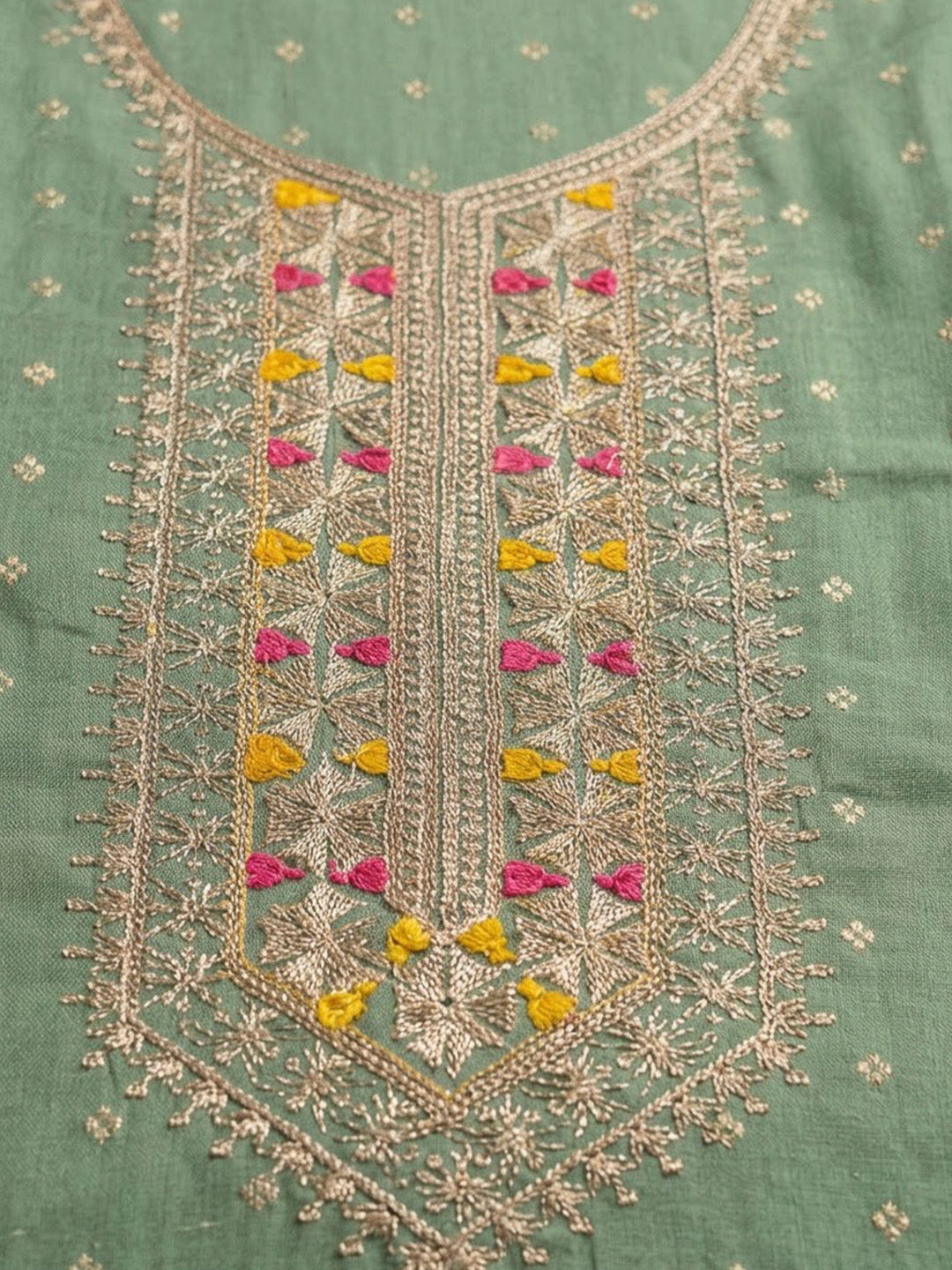 Aqua Green Chanderi Embroidered Unstitched Dress Material