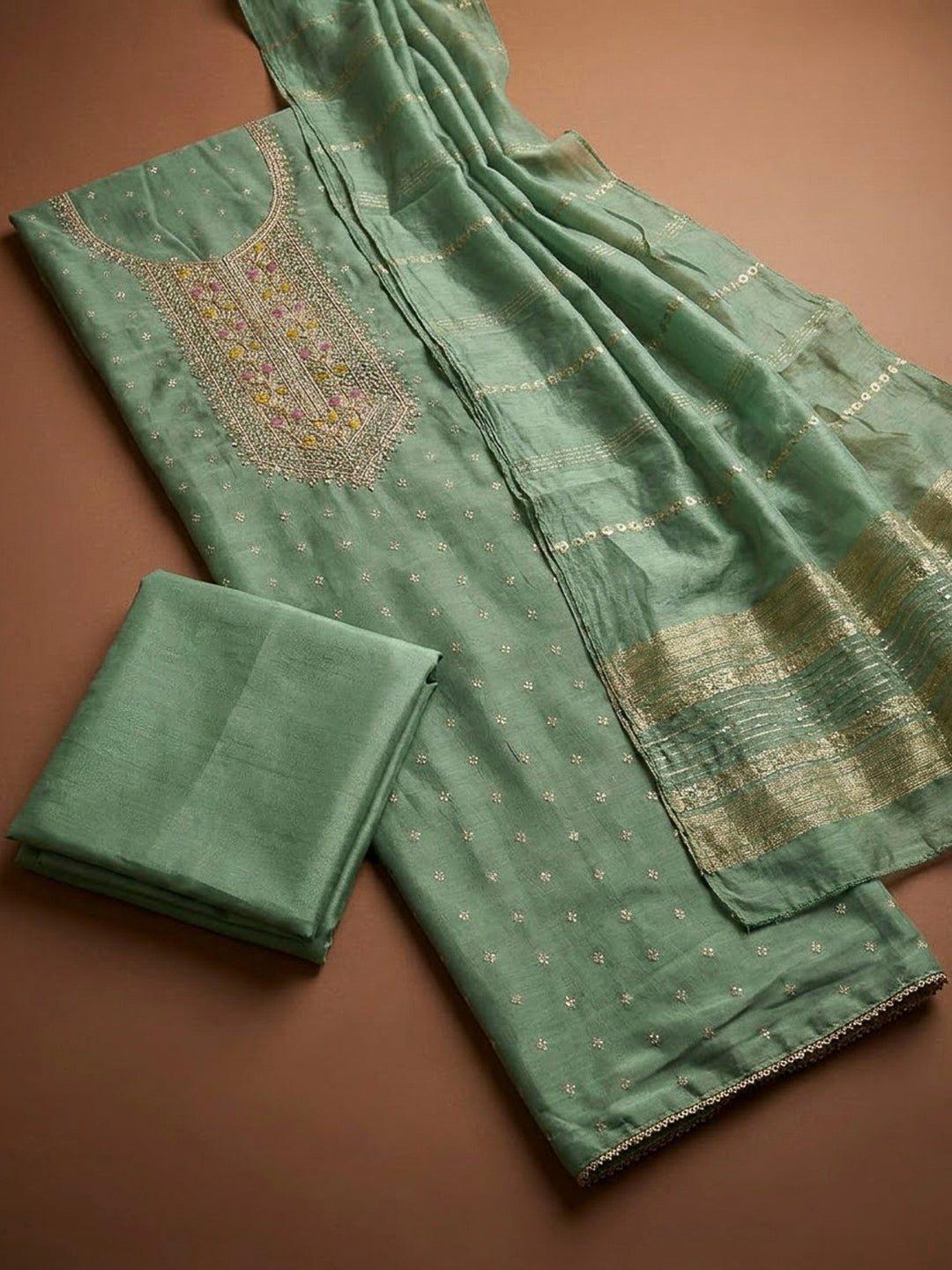 Aqua Green Chanderi Embroidered Unstitched Dress Material