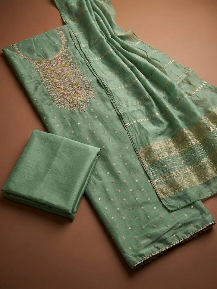 Aqua Green Chanderi Embroidered Unstitched Dress Material