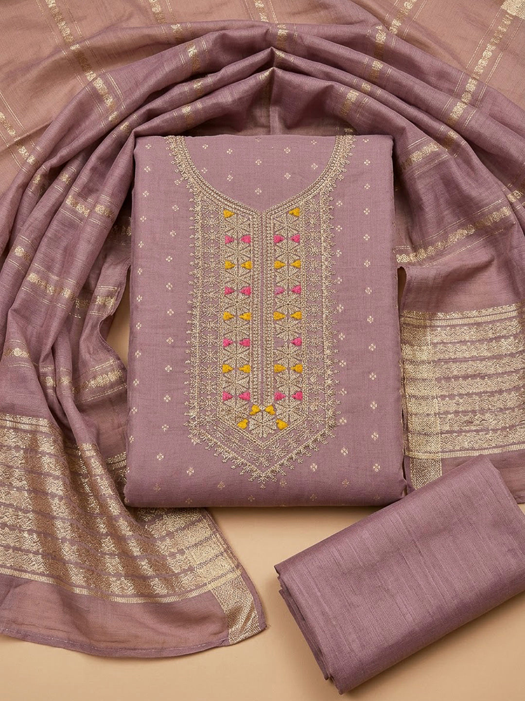 Lavender Chanderi Embroidered Unstitched Dress Material