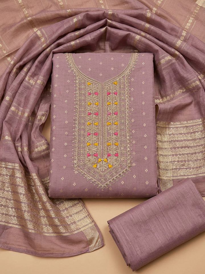 Lavender Chanderi Embroidered Unstitched Dress Material