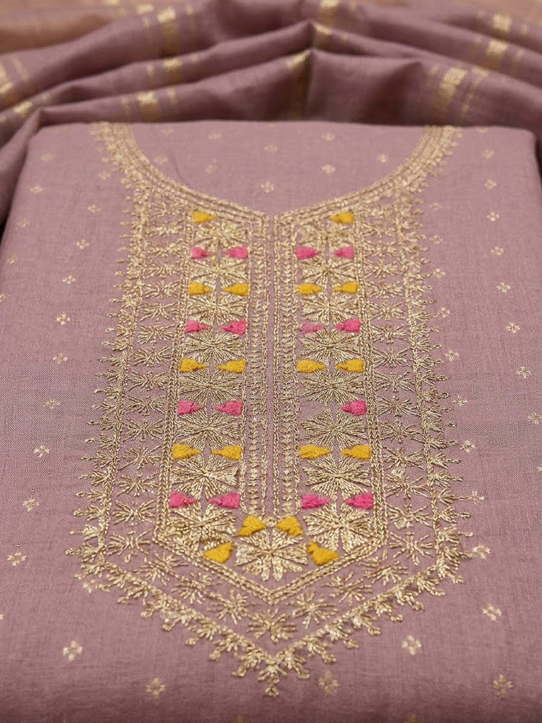 Lavender Chanderi Embroidered Unstitched Dress Material
