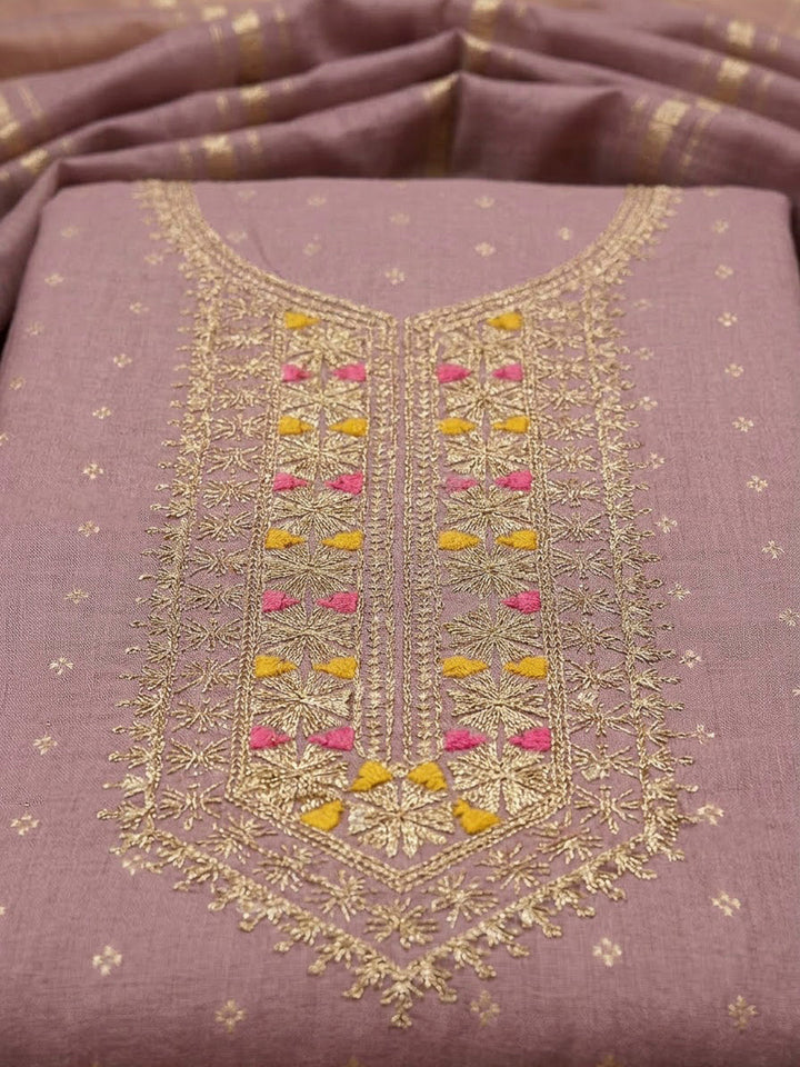 Lavender Chanderi Embroidered Unstitched Dress Material