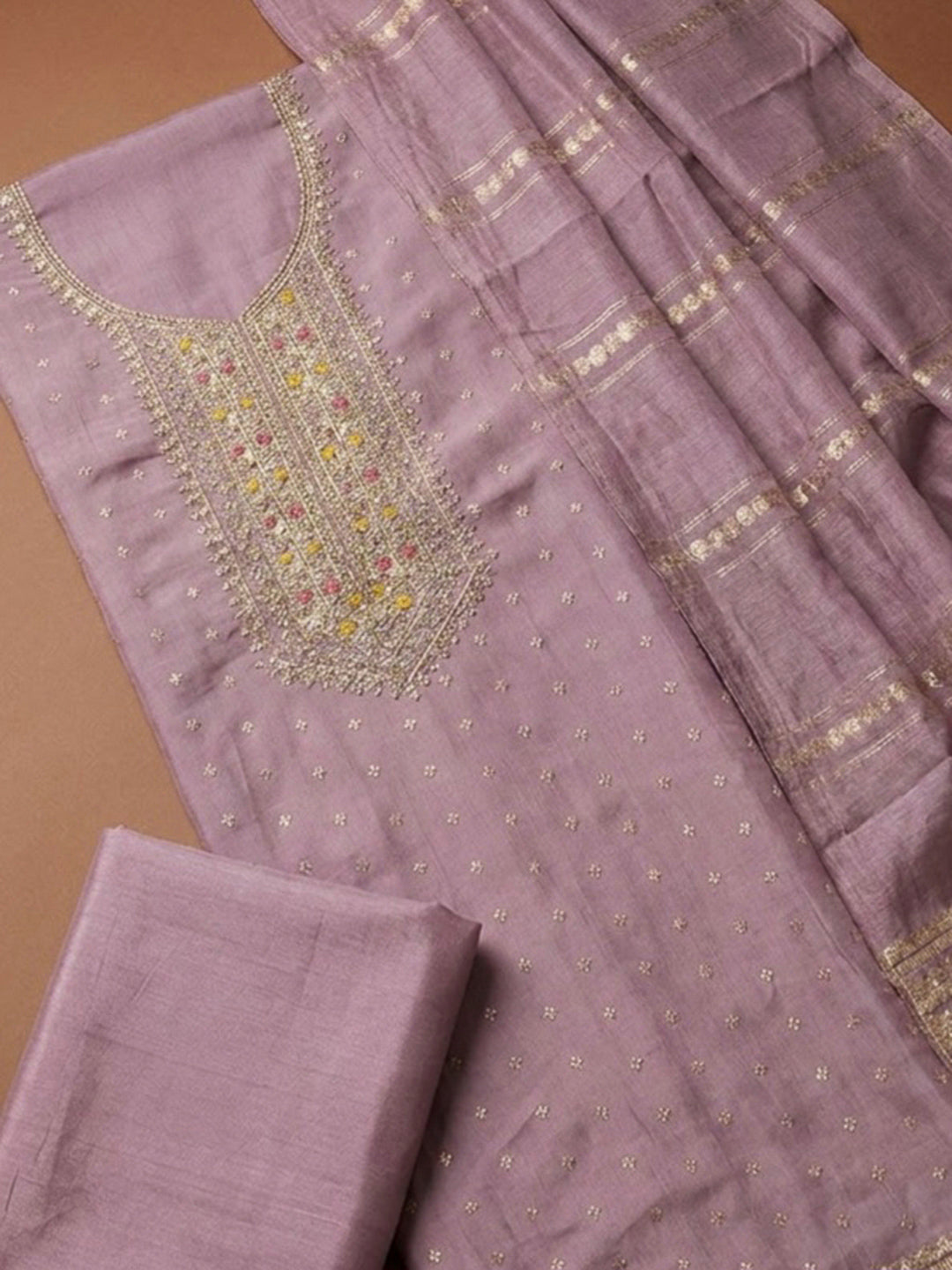 Lavender Chanderi Embroidered Unstitched Dress Material