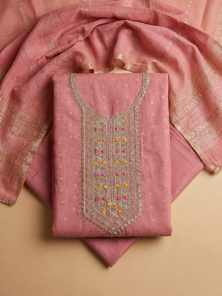 Peach Chanderi Embroidered Unstitched Dress Material