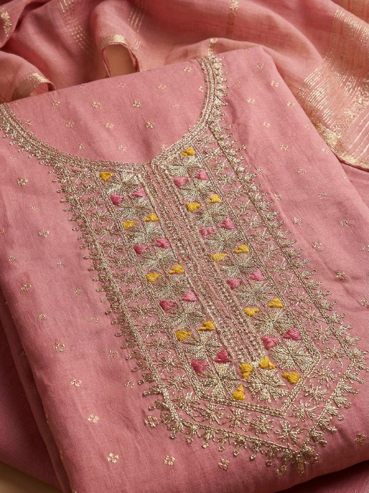 Peach Chanderi Embroidered Unstitched Dress Material