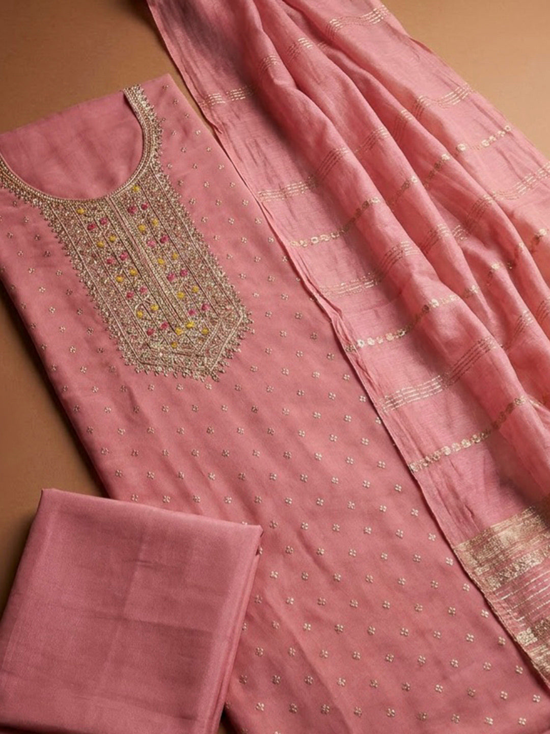 Peach Chanderi Embroidered Unstitched Dress Material