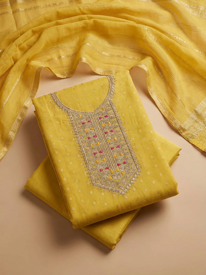 Yellow Chanderi Embroidered Unstitched Dress Material
