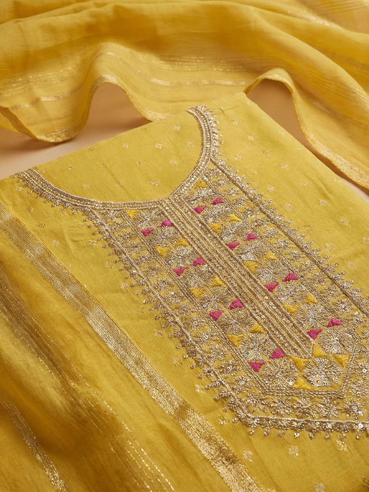 Yellow Chanderi Embroidered Unstitched Dress Material