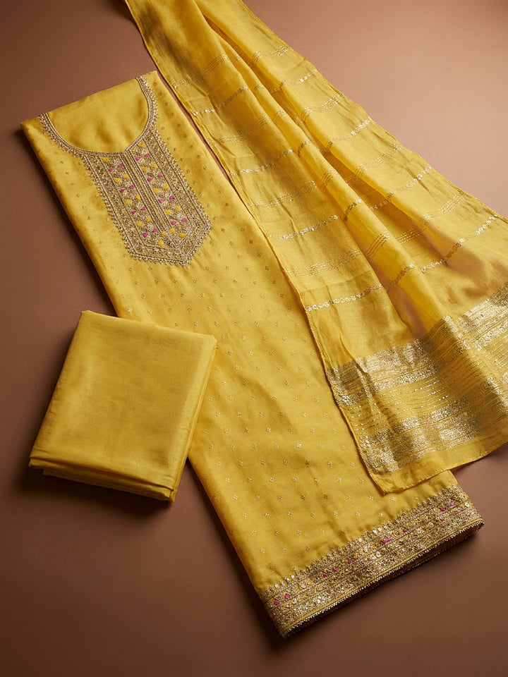 Yellow Chanderi Embroidered Unstitched Dress Material