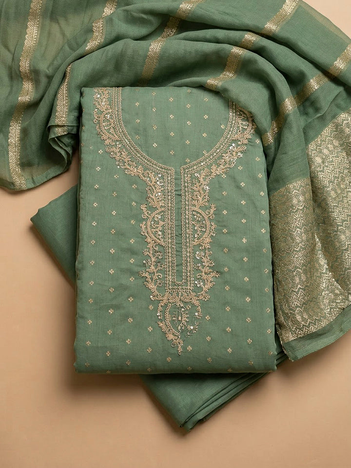 Aqua Green Chanderi Embroidered Unstitched Dress Material