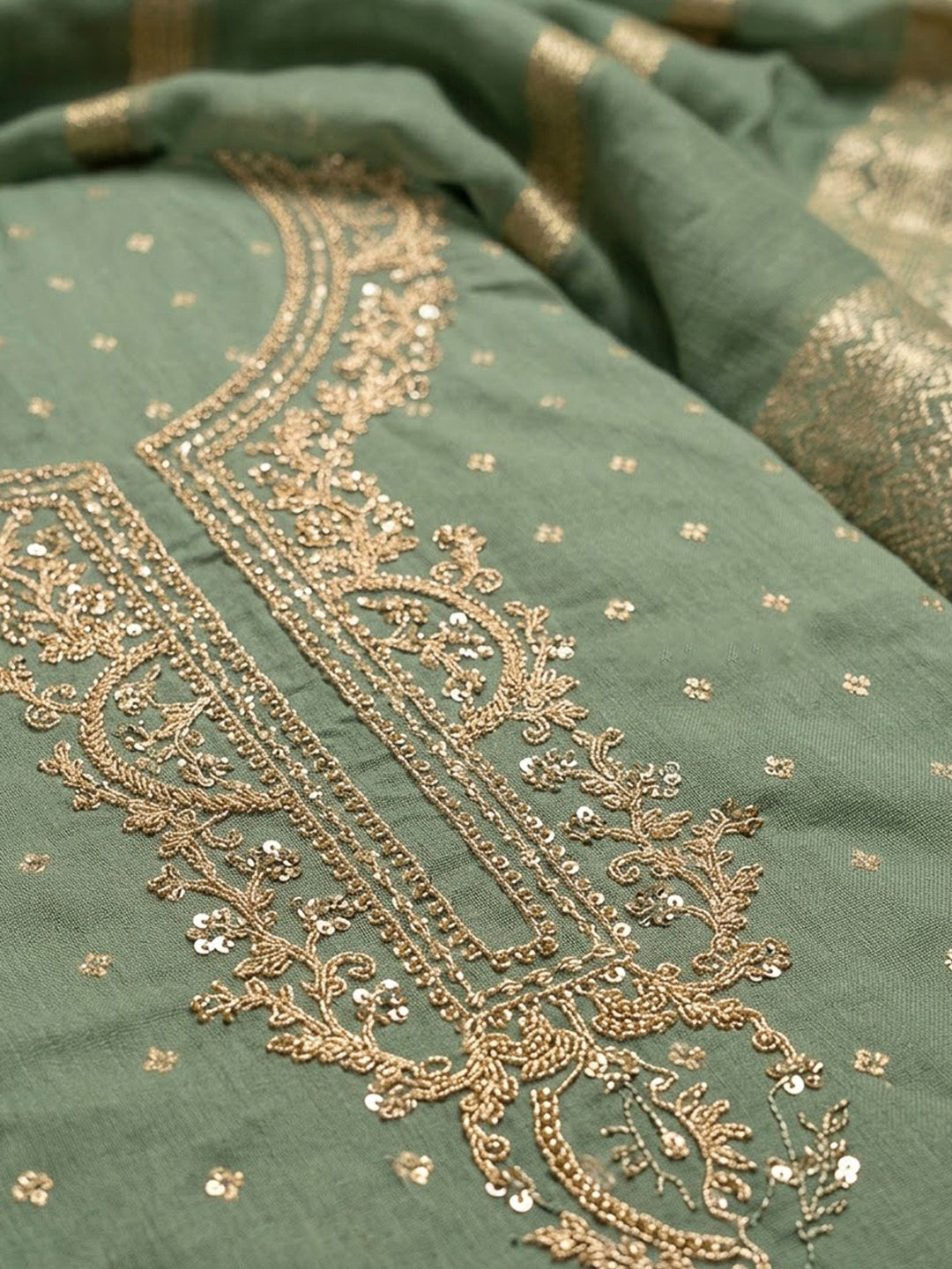 Aqua Green Chanderi Embroidered Unstitched Dress Material