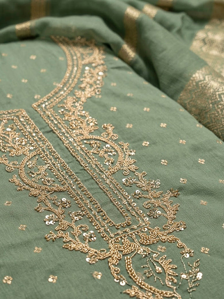 Aqua Green Chanderi Embroidered Unstitched Dress Material