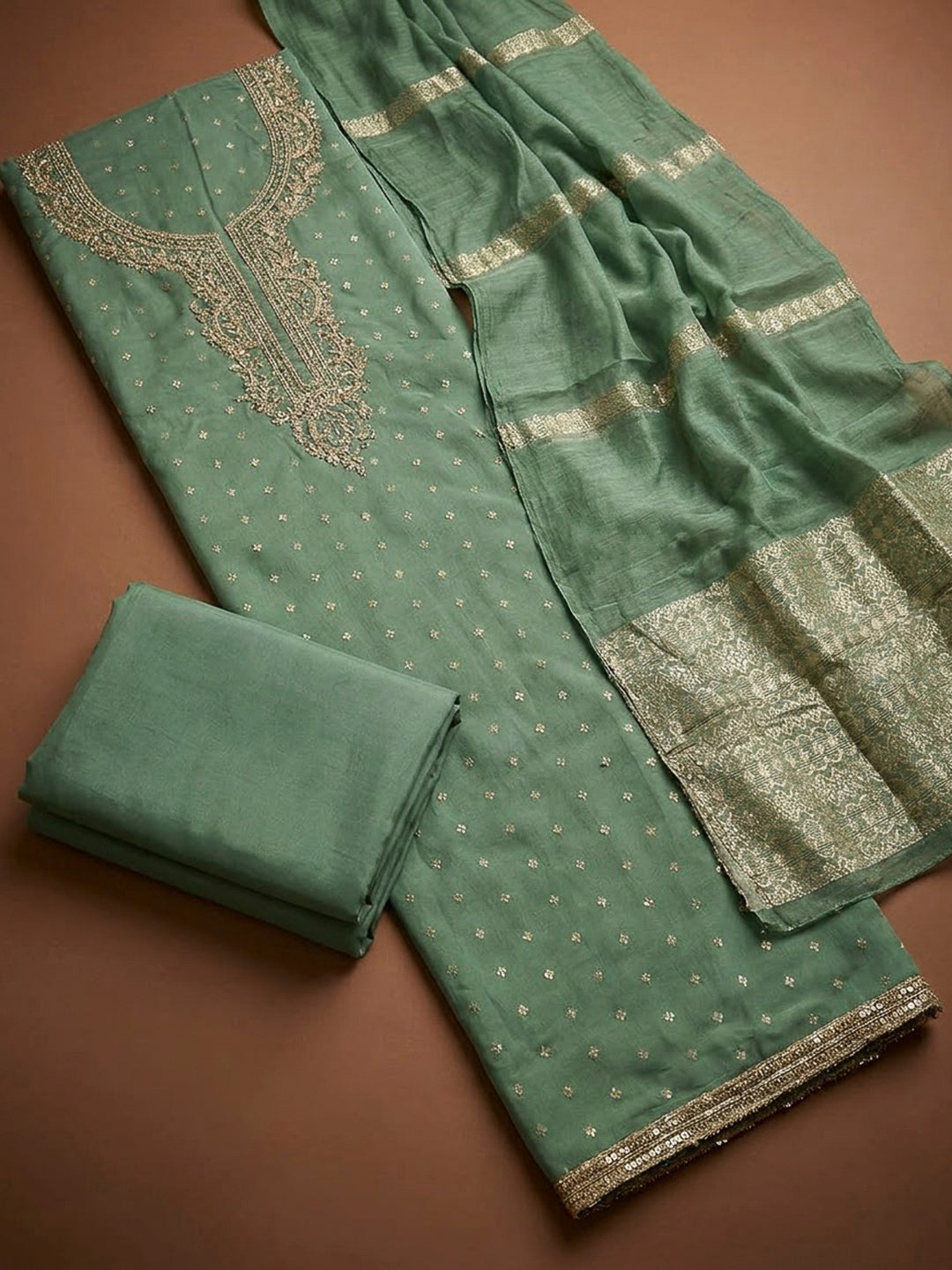Aqua Green Chanderi Embroidered Unstitched Dress Material