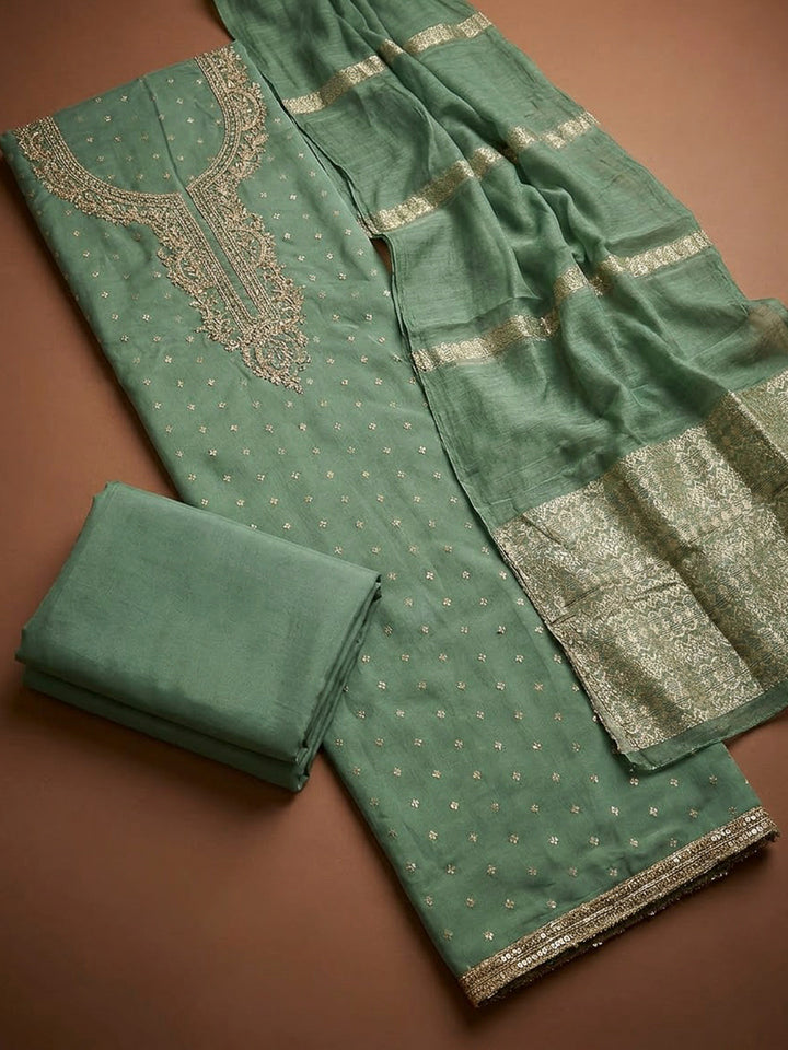 Aqua Green Chanderi Embroidered Unstitched Dress Material