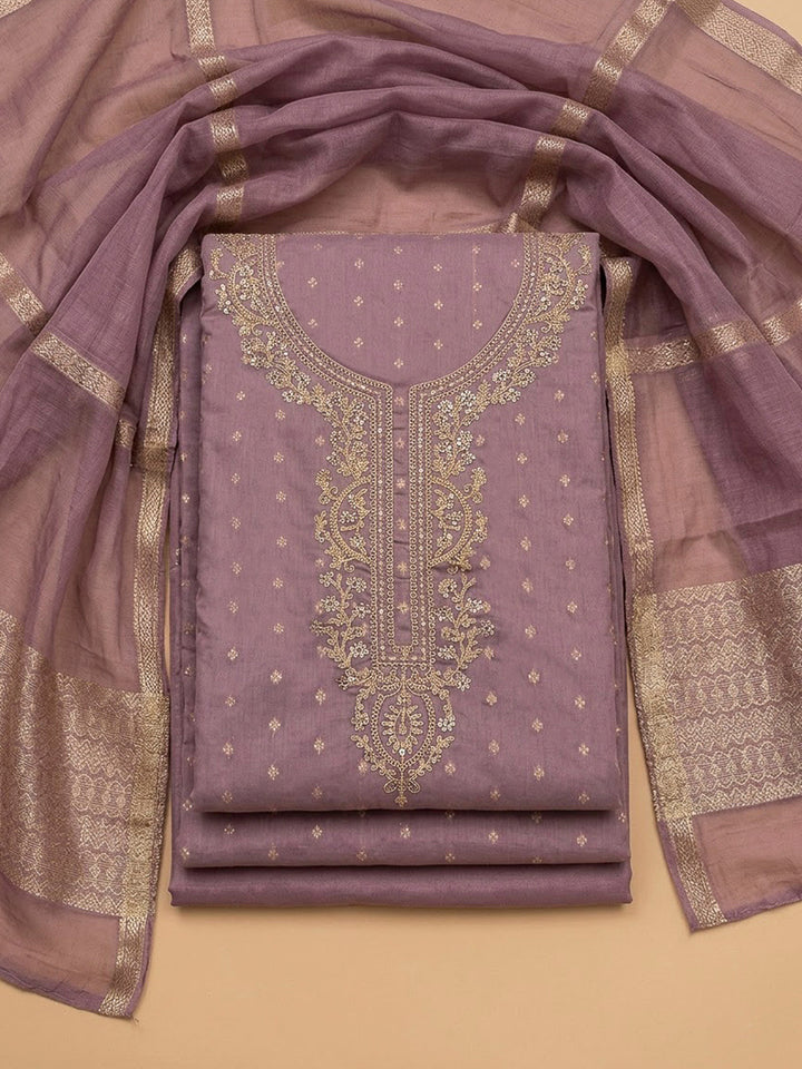 Lavender Chanderi Embroidered Unstitched Dress Material